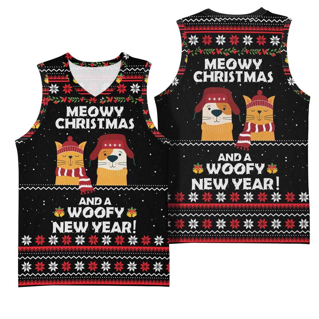 Meowy Christmas Woofy New Year Basketball Jersey with Cat and Dog in Winter Hats and Festive Pattern Design - Wonder Print Shop