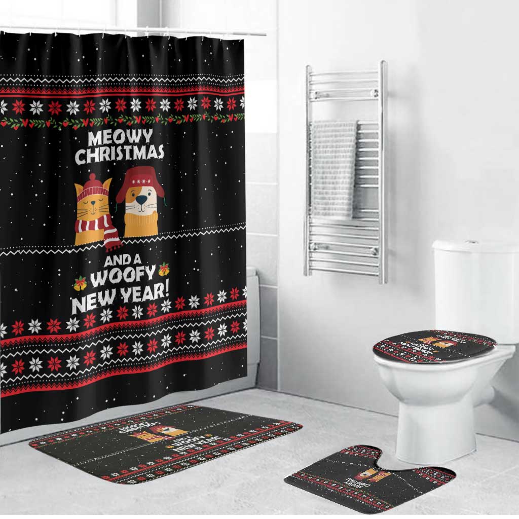 Meowy Christmas Woofy New Year Bathroom Set with Cat and Dog in Winter Hats and Festive Pattern Design - Wonder Print Shop