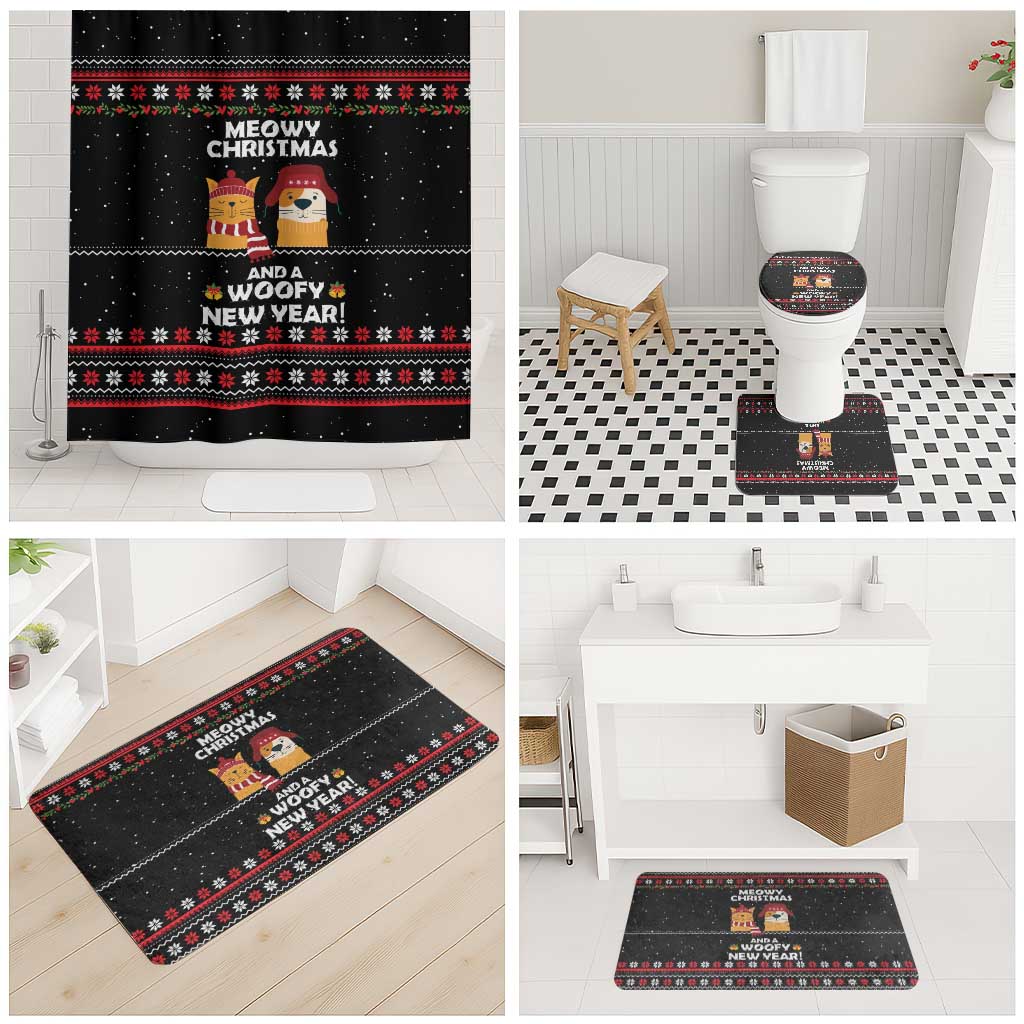 Meowy Christmas Woofy New Year Bathroom Set with Cat and Dog in Winter Hats and Festive Pattern Design - Wonder Print Shop
