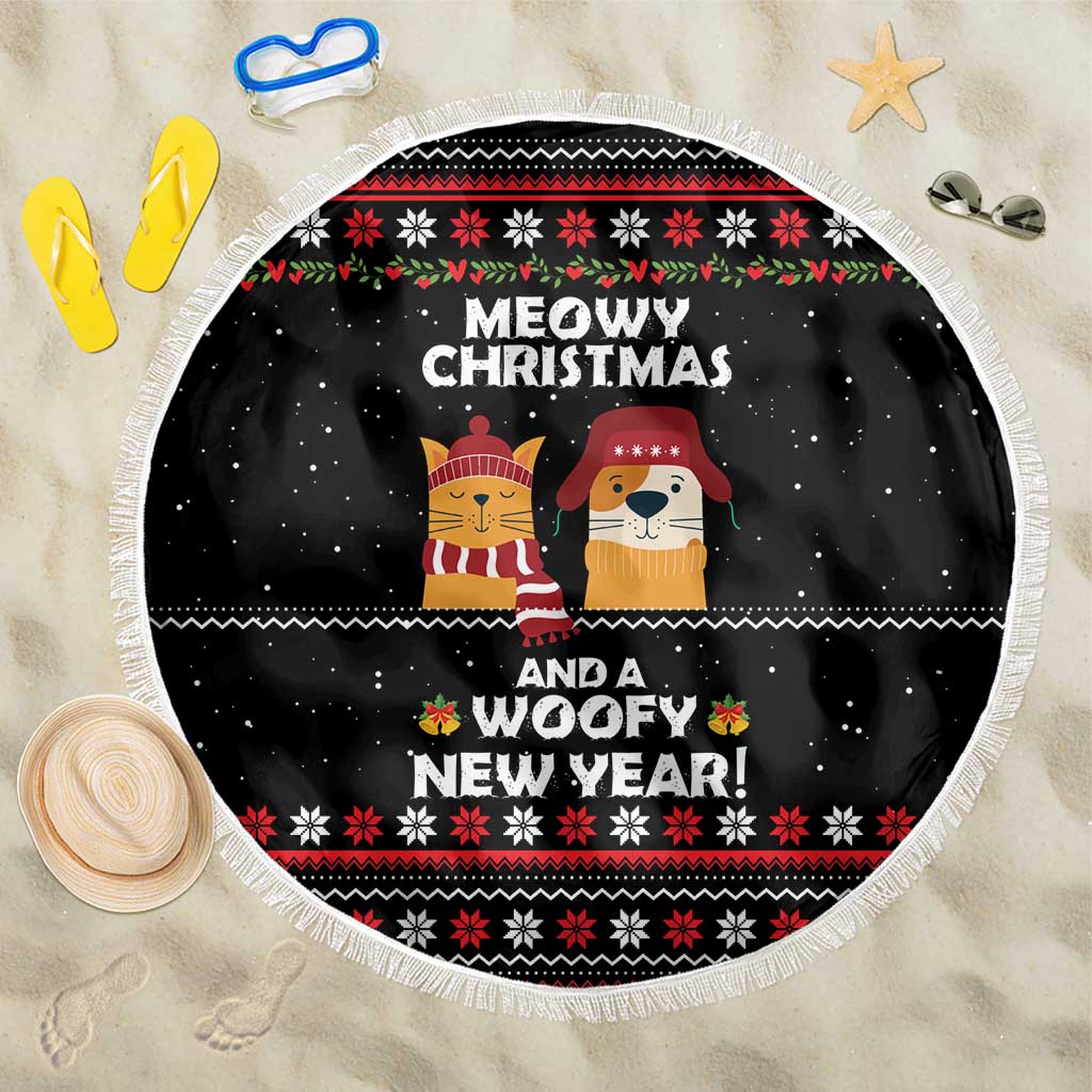 Meowy Christmas Woofy New Year Beach Blanket with Cat and Dog in Winter Hats and Festive Pattern Design - Wonder Print Shop