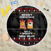 Meowy Christmas Woofy New Year Beach Blanket with Cat and Dog in Winter Hats and Festive Pattern Design - Wonder Print Shop