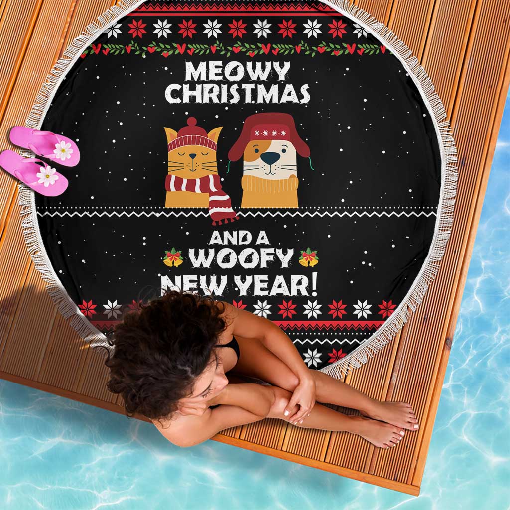 Meowy Christmas Woofy New Year Beach Blanket with Cat and Dog in Winter Hats and Festive Pattern Design - Wonder Print Shop