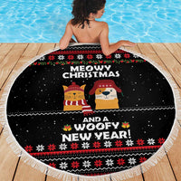 Meowy Christmas Woofy New Year Beach Blanket with Cat and Dog in Winter Hats and Festive Pattern Design - Wonder Print Shop