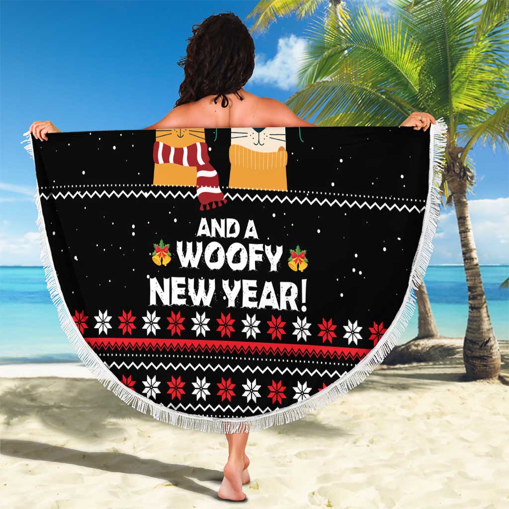 Meowy Christmas Woofy New Year Beach Blanket with Cat and Dog in Winter Hats and Festive Pattern Design - Wonder Print Shop
