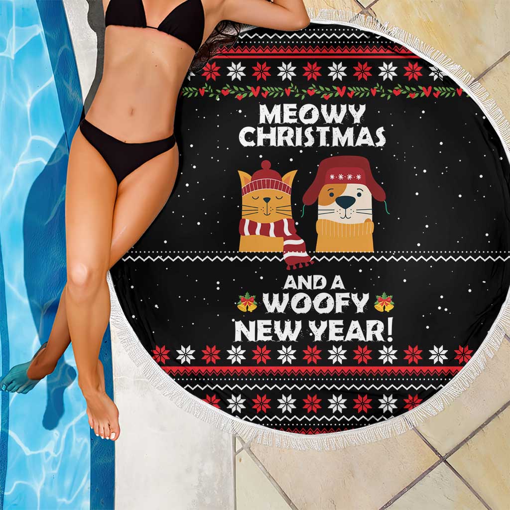 Meowy Christmas Woofy New Year Beach Blanket with Cat and Dog in Winter Hats and Festive Pattern Design - Wonder Print Shop
