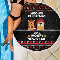 Meowy Christmas Woofy New Year Beach Blanket with Cat and Dog in Winter Hats and Festive Pattern Design - Wonder Print Shop