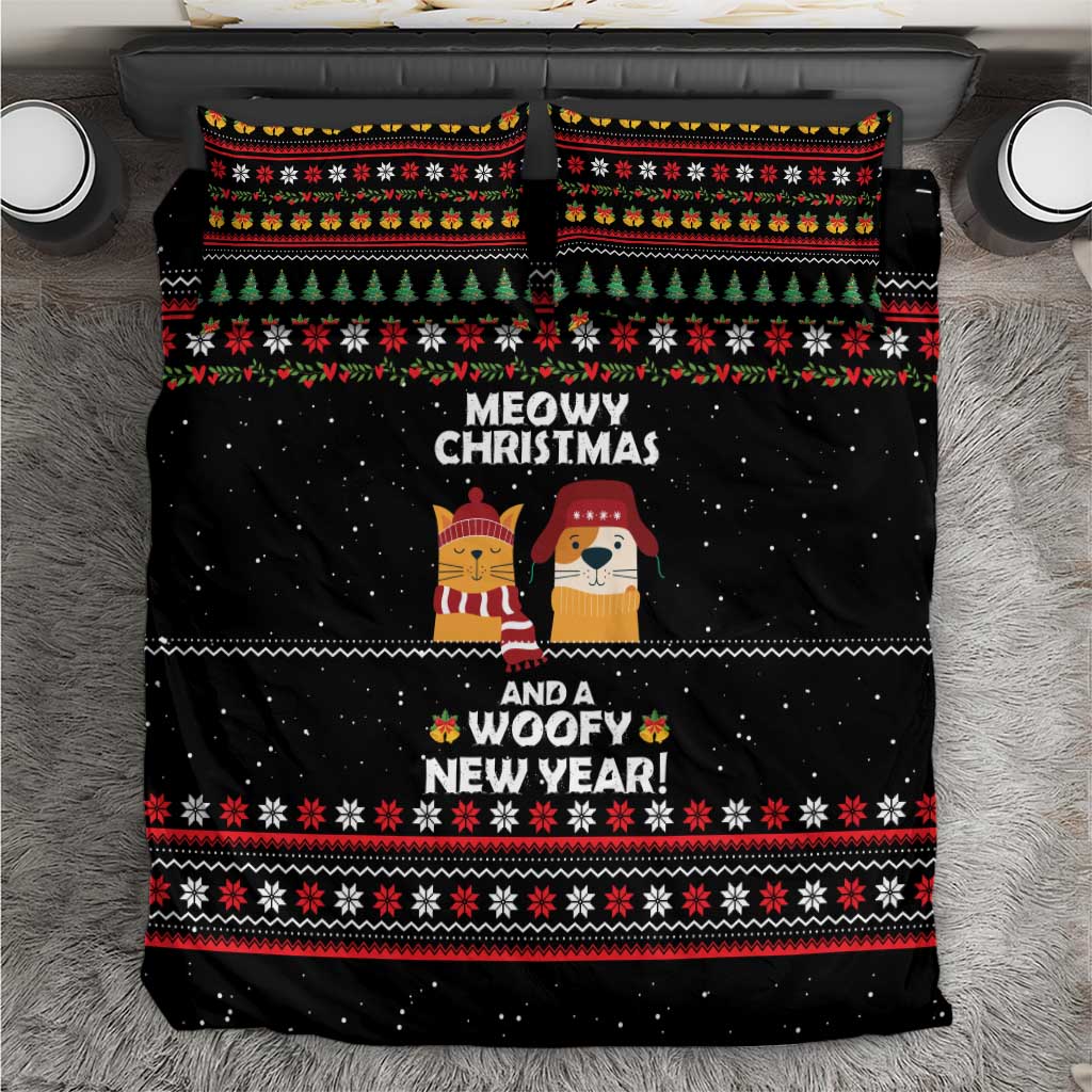 Meowy Christmas Woofy New Year Bedding Set with Cat and Dog in Winter Hats and Festive Pattern Design - Wonder Print Shop