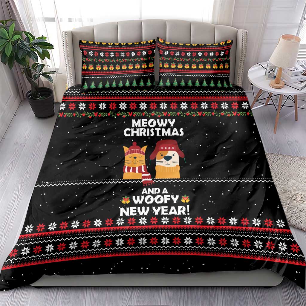 Meowy Christmas Woofy New Year Bedding Set with Cat and Dog in Winter Hats and Festive Pattern Design - Wonder Print Shop