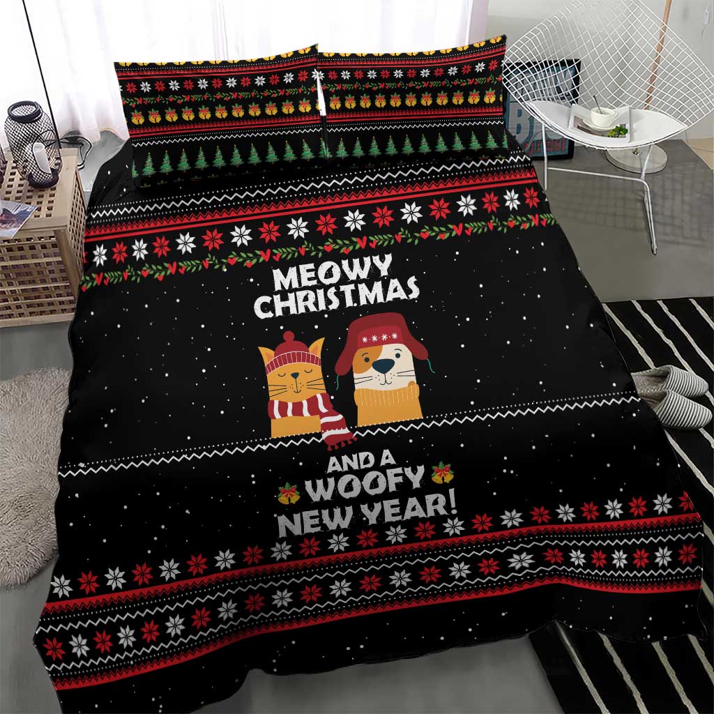 Meowy Christmas Woofy New Year Bedding Set with Cat and Dog in Winter Hats and Festive Pattern Design - Wonder Print Shop