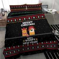 Meowy Christmas Woofy New Year Bedding Set with Cat and Dog in Winter Hats and Festive Pattern Design - Wonder Print Shop