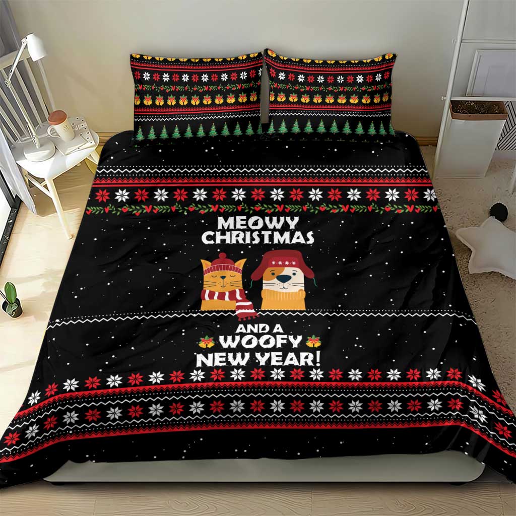Meowy Christmas Woofy New Year Bedding Set with Cat and Dog in Winter Hats and Festive Pattern Design - Wonder Print Shop
