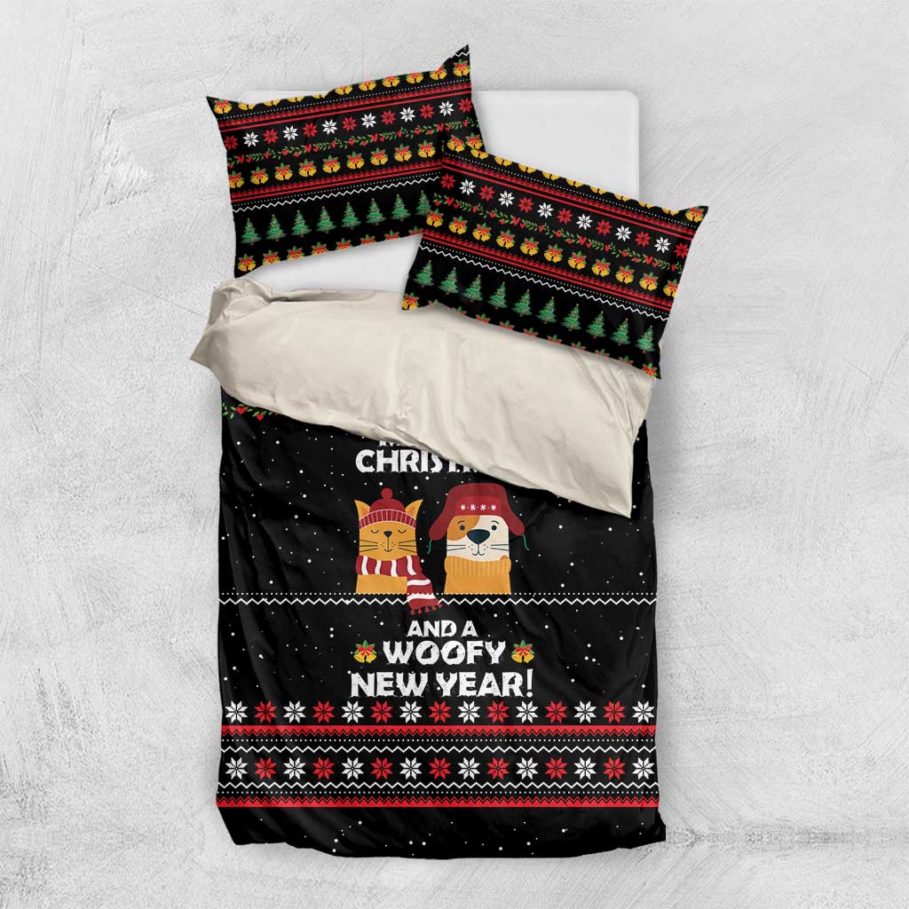 Meowy Christmas Woofy New Year Bedding Set with Cat and Dog in Winter Hats and Festive Pattern Design - Wonder Print Shop