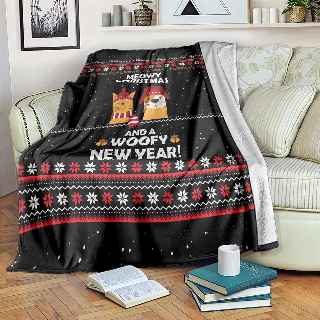 Meowy Christmas Woofy New Year Blanket with Cat and Dog in Winter Hats and Festive Pattern Design - Wonder Print Shop