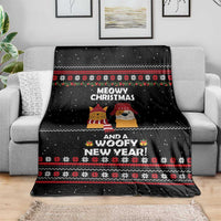 Meowy Christmas Woofy New Year Blanket with Cat and Dog in Winter Hats and Festive Pattern Design - Wonder Print Shop
