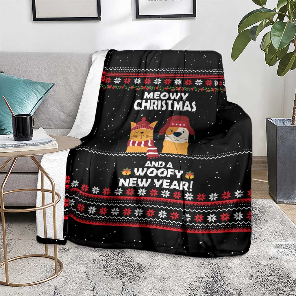 Meowy Christmas Woofy New Year Blanket with Cat and Dog in Winter Hats and Festive Pattern Design - Wonder Print Shop