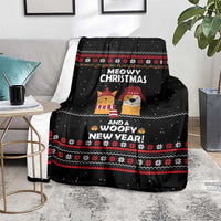 Meowy Christmas Woofy New Year Blanket with Cat and Dog in Winter Hats and Festive Pattern Design - Wonder Print Shop