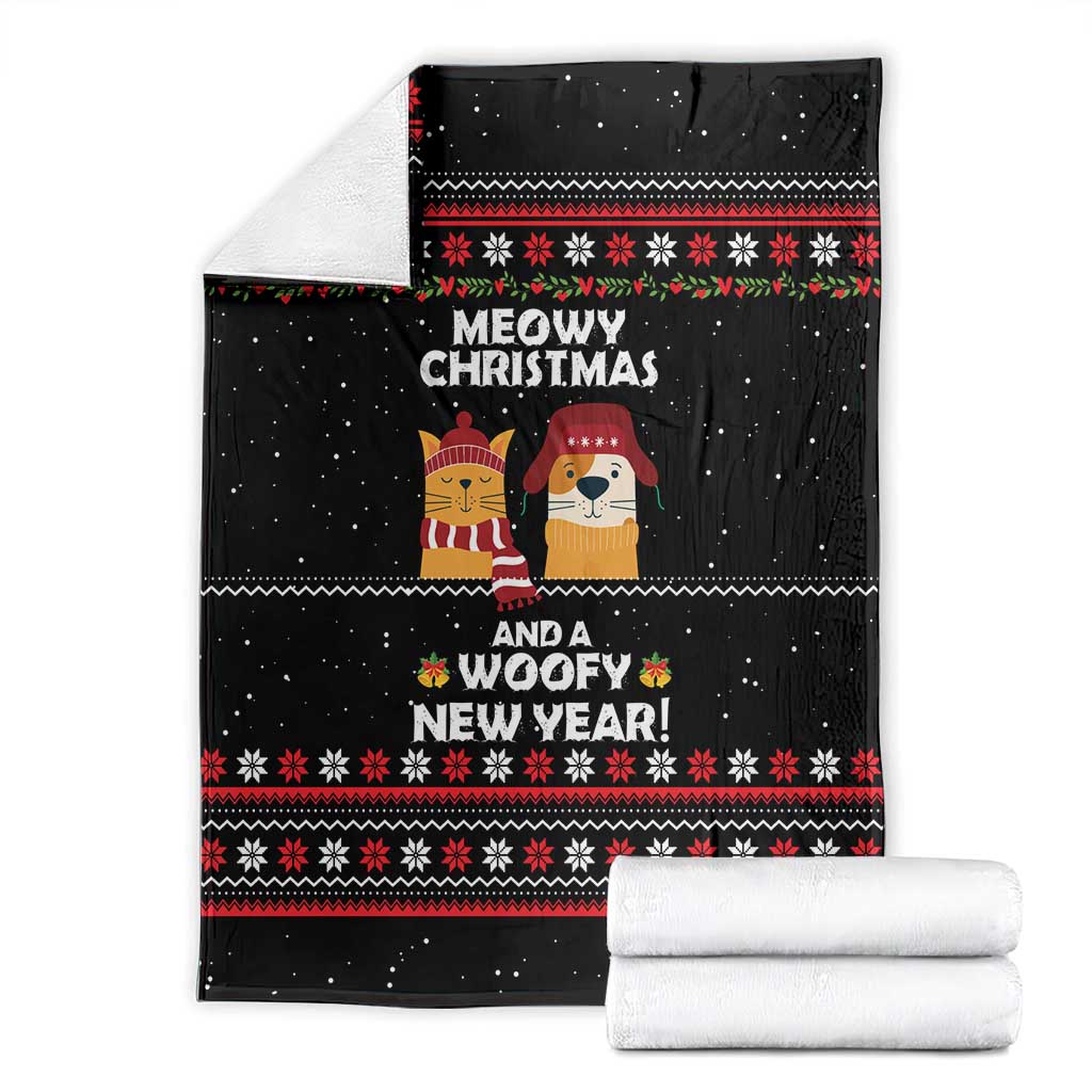Meowy Christmas Woofy New Year Blanket with Cat and Dog in Winter Hats and Festive Pattern Design - Wonder Print Shop