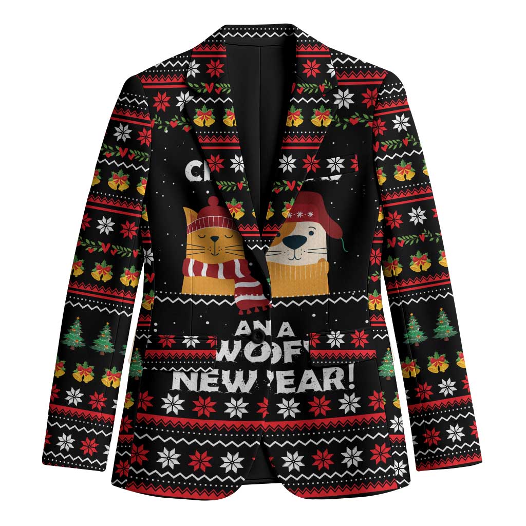 Meowy Christmas Woofy New Year Blazer with Cat and Dog in Winter Hats and Festive Pattern Design - Wonder Print Shop