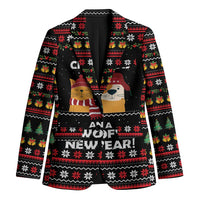 Meowy Christmas Woofy New Year Blazer with Cat and Dog in Winter Hats and Festive Pattern Design - Wonder Print Shop