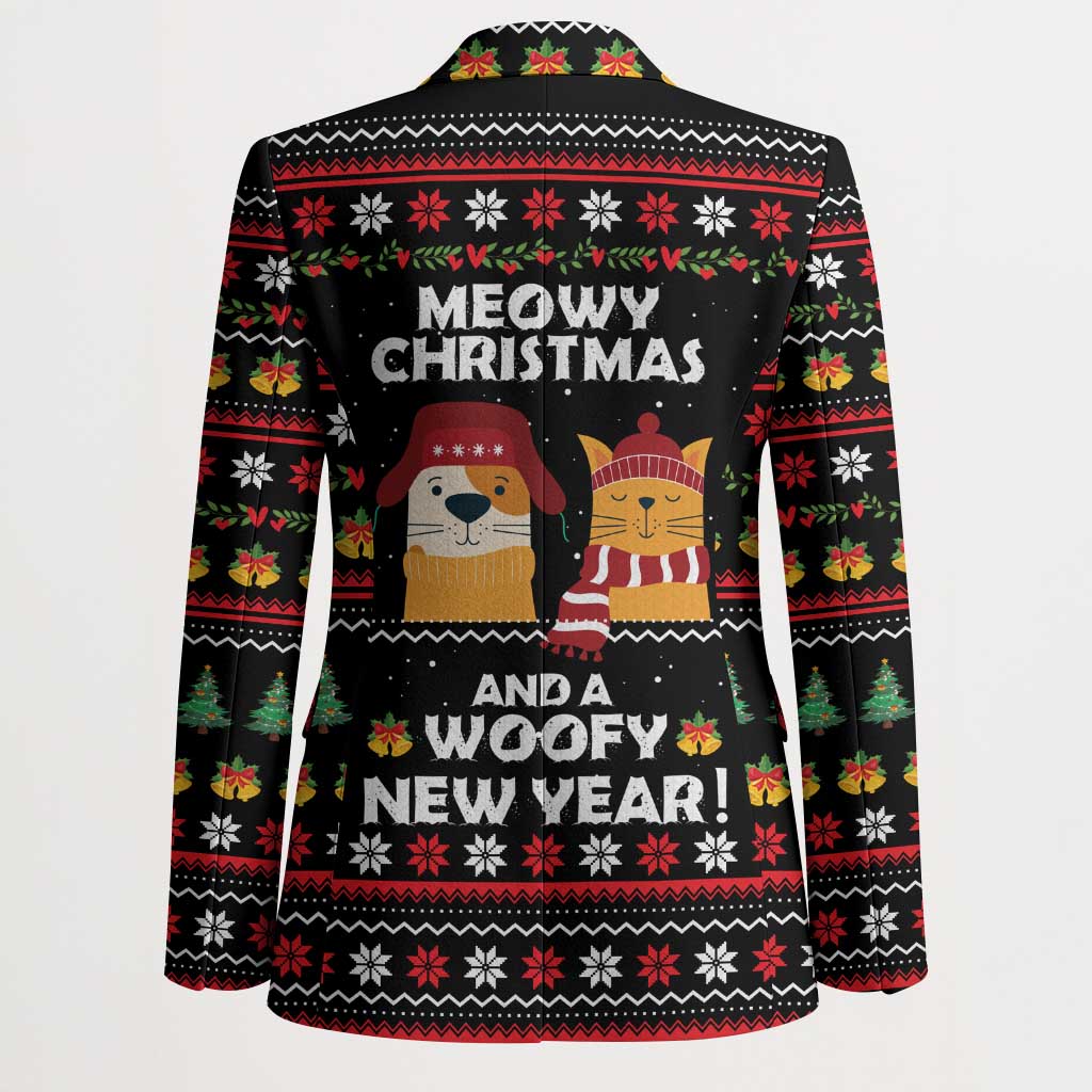 Meowy Christmas Woofy New Year Blazer with Cat and Dog in Winter Hats and Festive Pattern Design - Wonder Print Shop