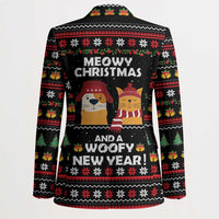 Meowy Christmas Woofy New Year Blazer with Cat and Dog in Winter Hats and Festive Pattern Design - Wonder Print Shop