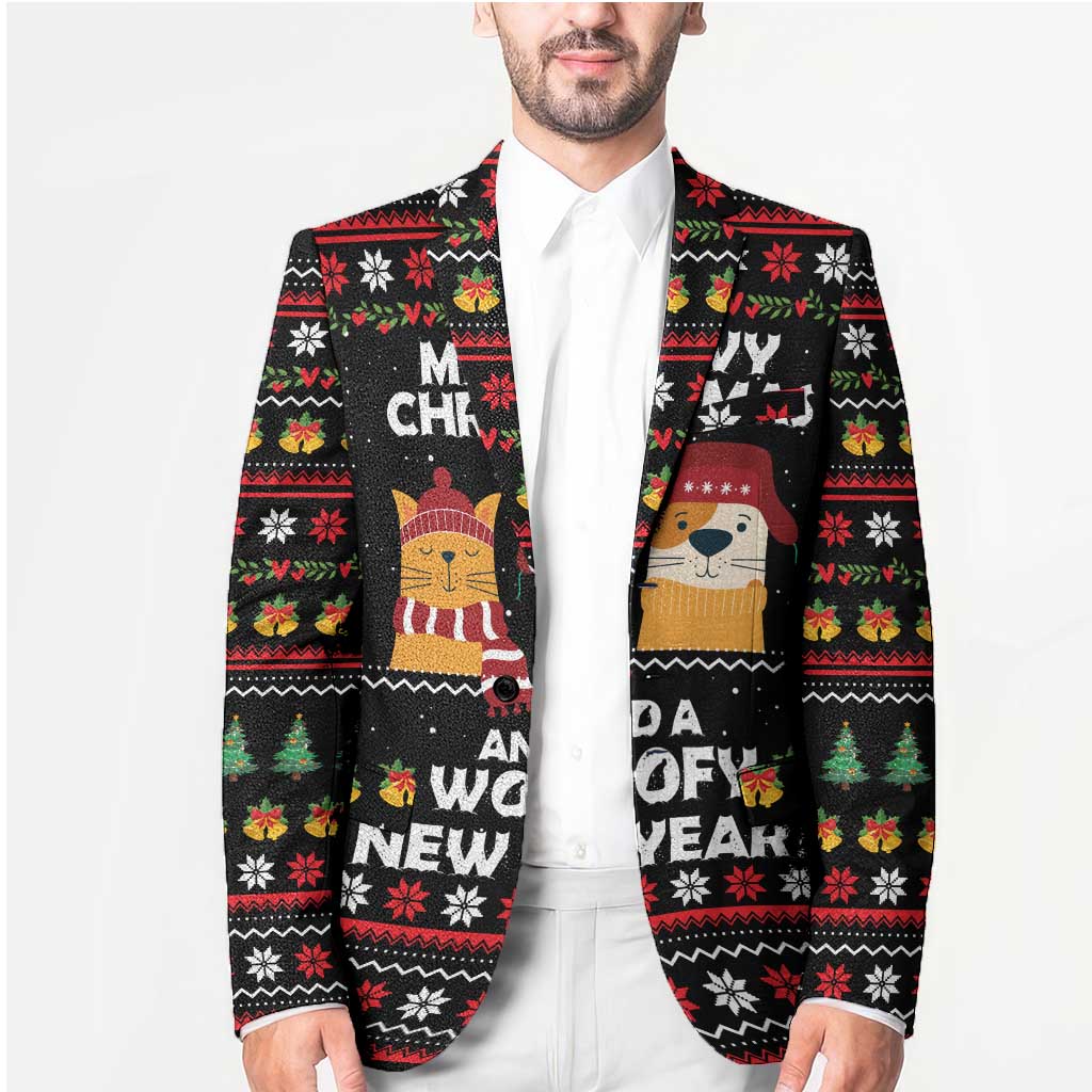Meowy Christmas Woofy New Year Blazer with Cat and Dog in Winter Hats and Festive Pattern Design - Wonder Print Shop