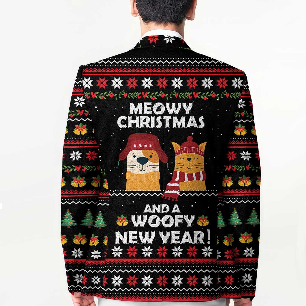Meowy Christmas Woofy New Year Blazer with Cat and Dog in Winter Hats and Festive Pattern Design - Wonder Print Shop