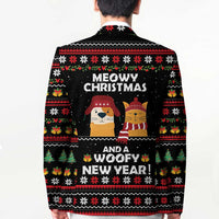 Meowy Christmas Woofy New Year Blazer with Cat and Dog in Winter Hats and Festive Pattern Design - Wonder Print Shop
