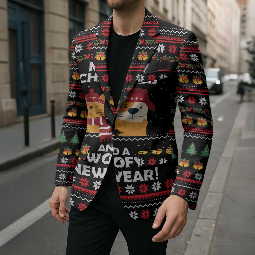 Meowy Christmas Woofy New Year Blazer with Cat and Dog in Winter Hats and Festive Pattern Design - Wonder Print Shop