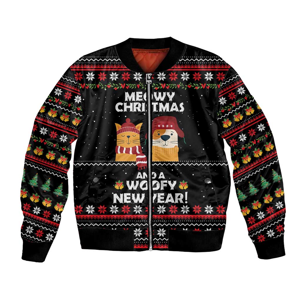 Meowy Christmas Woofy New Year Bomber Jacket with Cat and Dog in Winter Hats and Festive Pattern Design - Wonder Print Shop