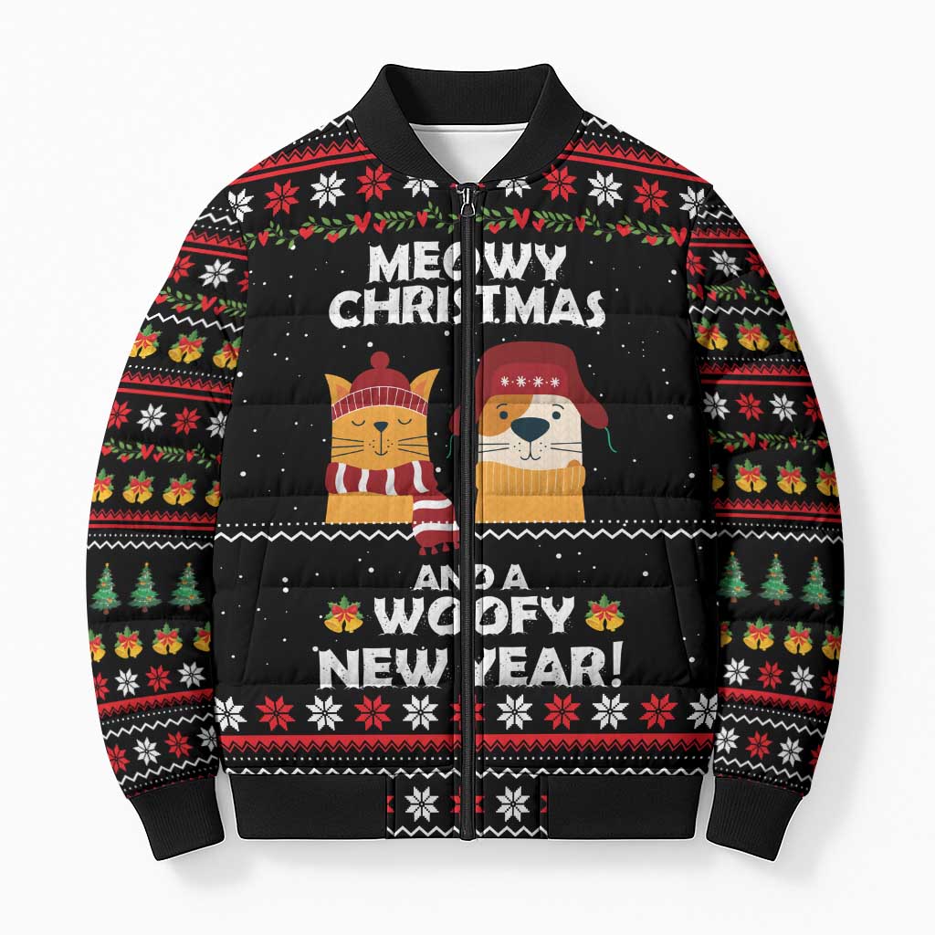 Meowy Christmas Woofy New Year Bomber Puffer Jacket with Cat and Dog in Winter Hats and Festive Pattern Design - Wonder Print Shop