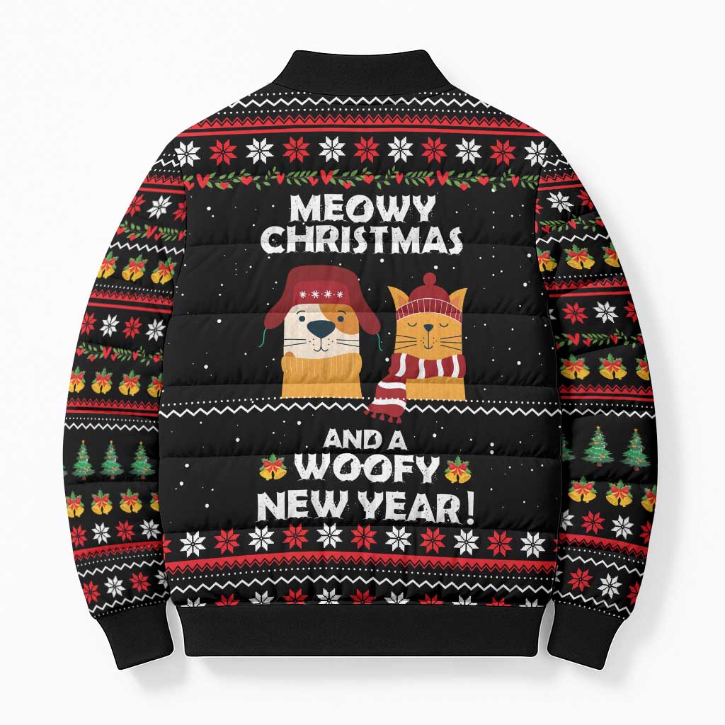 Meowy Christmas Woofy New Year Bomber Puffer Jacket with Cat and Dog in Winter Hats and Festive Pattern Design - Wonder Print Shop