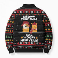 Meowy Christmas Woofy New Year Bomber Puffer Jacket with Cat and Dog in Winter Hats and Festive Pattern Design - Wonder Print Shop