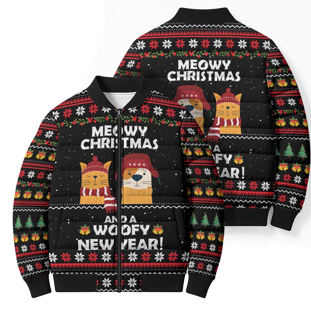 Meowy Christmas Woofy New Year Bomber Puffer Jacket with Cat and Dog in Winter Hats and Festive Pattern Design - Wonder Print Shop
