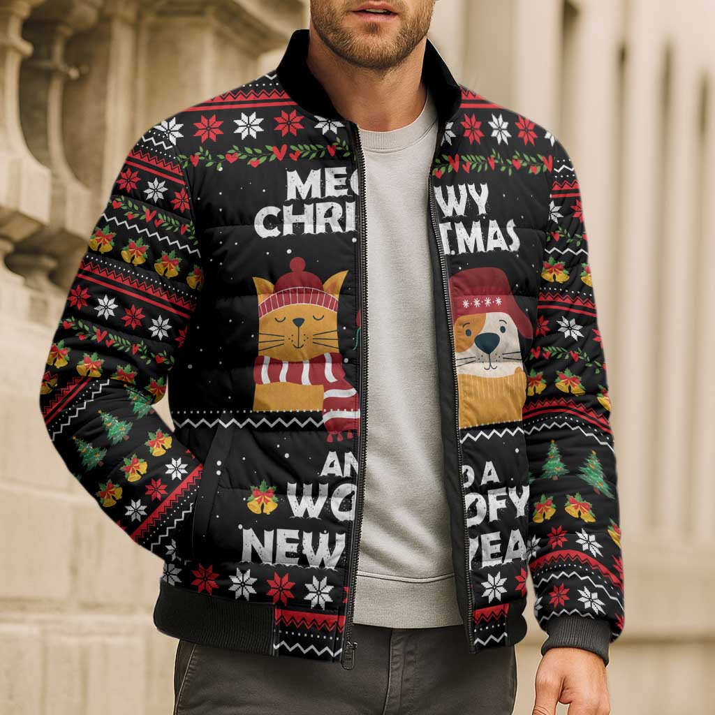 Meowy Christmas Woofy New Year Bomber Puffer Jacket with Cat and Dog in Winter Hats and Festive Pattern Design - Wonder Print Shop