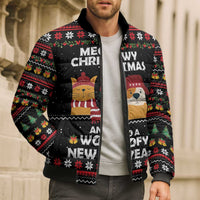 Meowy Christmas Woofy New Year Bomber Puffer Jacket with Cat and Dog in Winter Hats and Festive Pattern Design - Wonder Print Shop