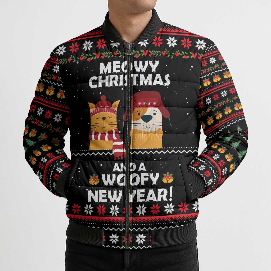 Meowy Christmas Woofy New Year Bomber Puffer Jacket with Cat and Dog in Winter Hats and Festive Pattern Design - Wonder Print Shop