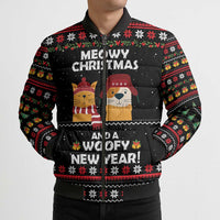 Meowy Christmas Woofy New Year Bomber Puffer Jacket with Cat and Dog in Winter Hats and Festive Pattern Design - Wonder Print Shop