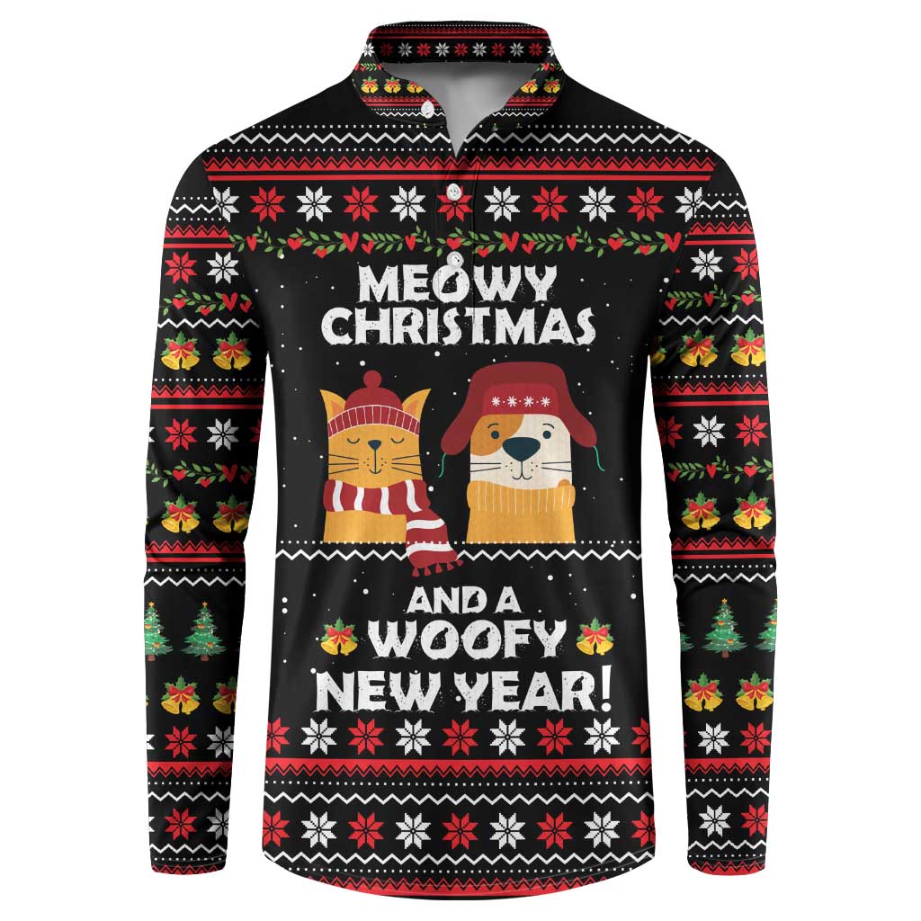 Meowy Christmas Woofy New Year Button Sweatshirt with Cat and Dog in Winter Hats and Festive Pattern Design - Wonder Print Shop