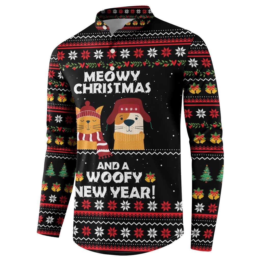 Meowy Christmas Woofy New Year Button Sweatshirt with Cat and Dog in Winter Hats and Festive Pattern Design - Wonder Print Shop