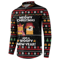 Meowy Christmas Woofy New Year Button Sweatshirt with Cat and Dog in Winter Hats and Festive Pattern Design - Wonder Print Shop