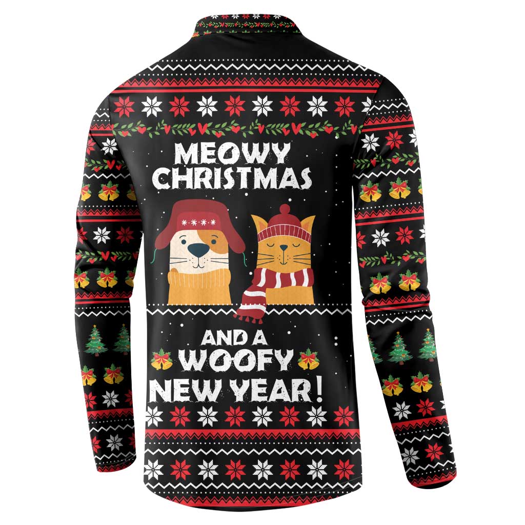 Meowy Christmas Woofy New Year Button Sweatshirt with Cat and Dog in Winter Hats and Festive Pattern Design - Wonder Print Shop