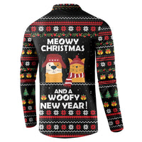 Meowy Christmas Woofy New Year Button Sweatshirt with Cat and Dog in Winter Hats and Festive Pattern Design - Wonder Print Shop