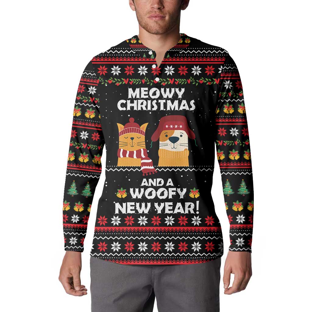 Meowy Christmas Woofy New Year Button Sweatshirt with Cat and Dog in Winter Hats and Festive Pattern Design - Wonder Print Shop