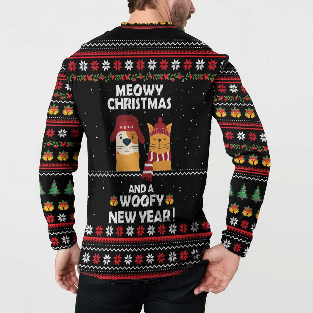 Meowy Christmas Woofy New Year Button Sweatshirt with Cat and Dog in Winter Hats and Festive Pattern Design - Wonder Print Shop