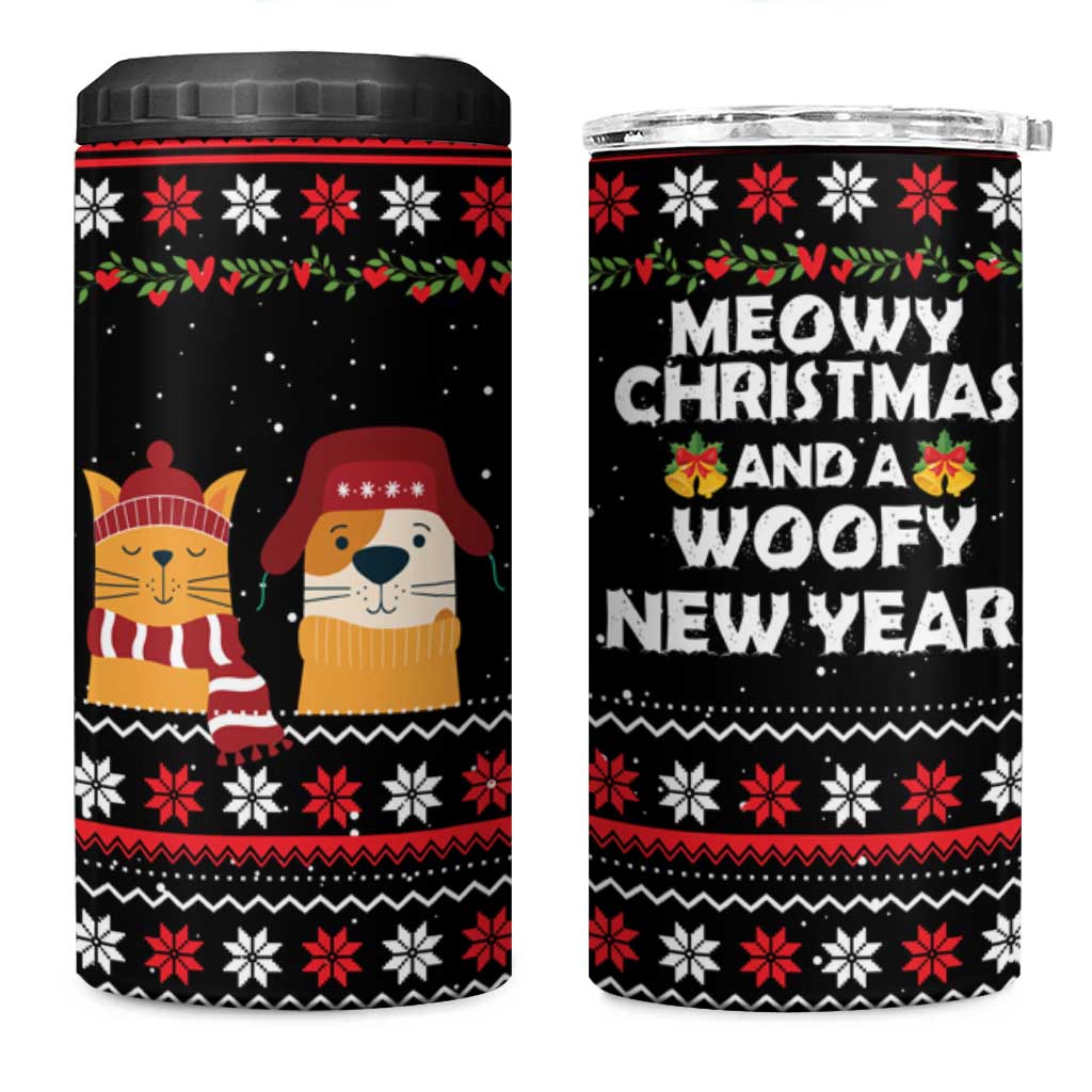 Meowy Christmas Woofy New Year 4 in 1 Can Cooler Tumbler with Cat and Dog in Winter Hats and Festive Pattern Design - Wonder Print Shop