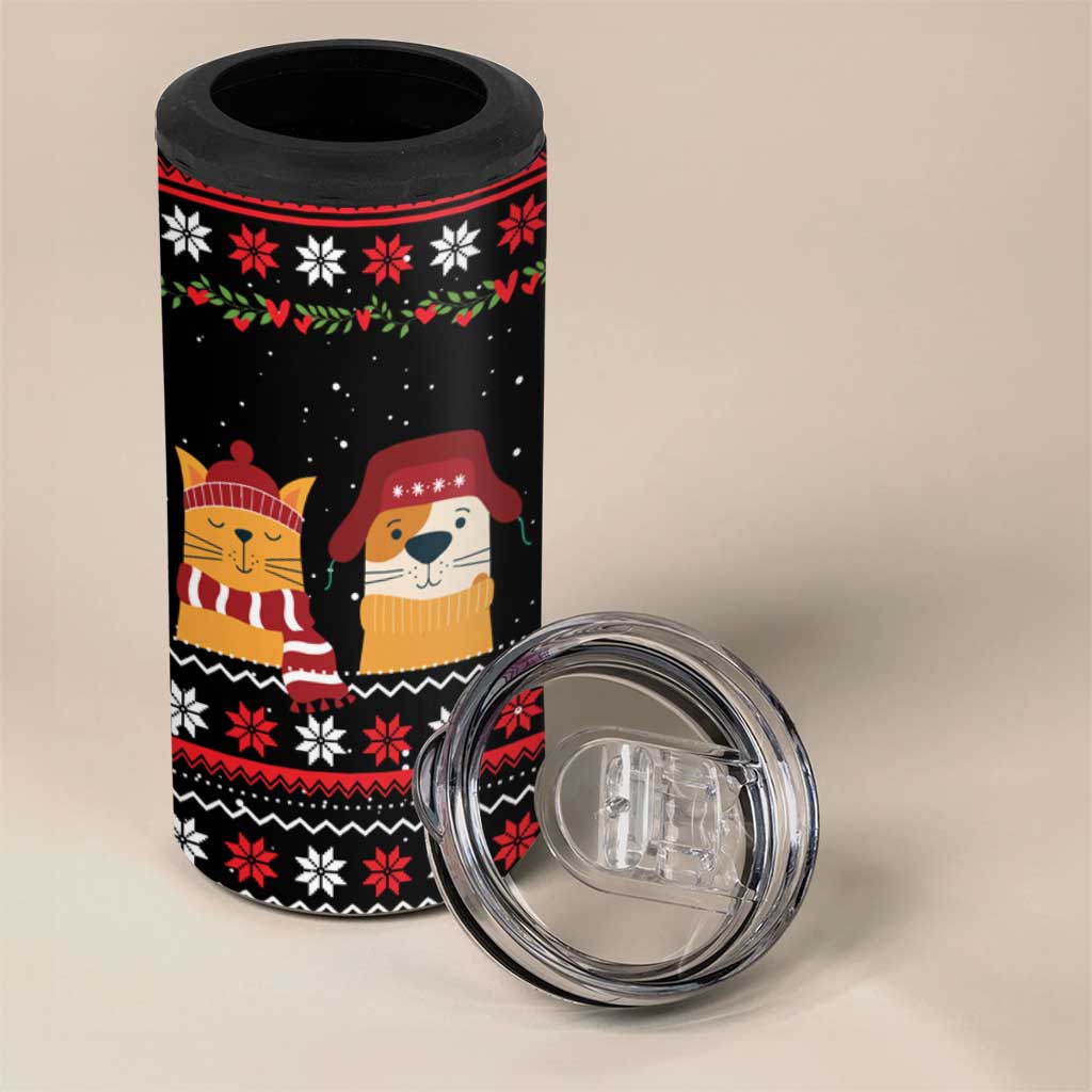 Meowy Christmas Woofy New Year 4 in 1 Can Cooler Tumbler with Cat and Dog in Winter Hats and Festive Pattern Design - Wonder Print Shop