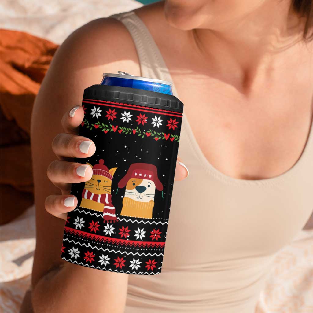 Meowy Christmas Woofy New Year 4 in 1 Can Cooler Tumbler with Cat and Dog in Winter Hats and Festive Pattern Design - Wonder Print Shop