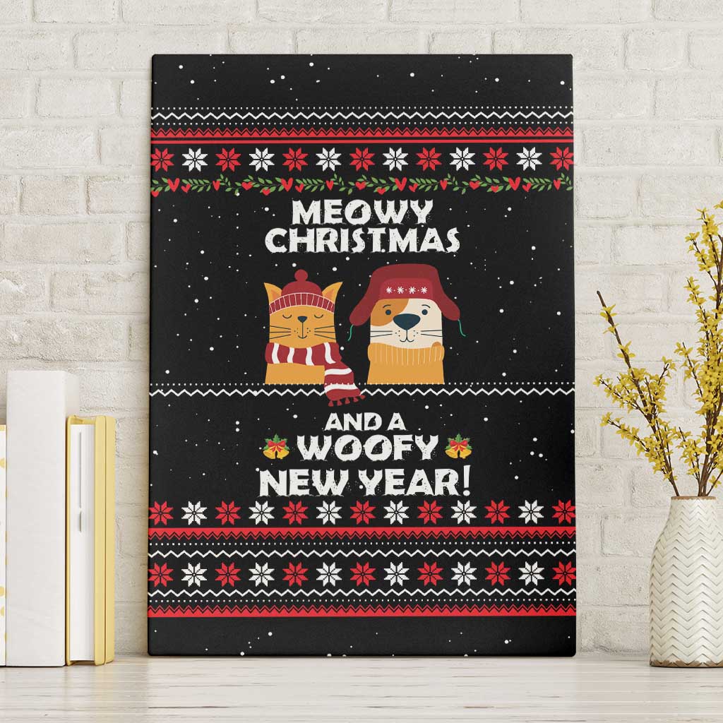 Meowy Christmas Woofy New Year Canvas Wall Art with Cat and Dog in Winter Hats and Festive Pattern Design - Wonder Print Shop