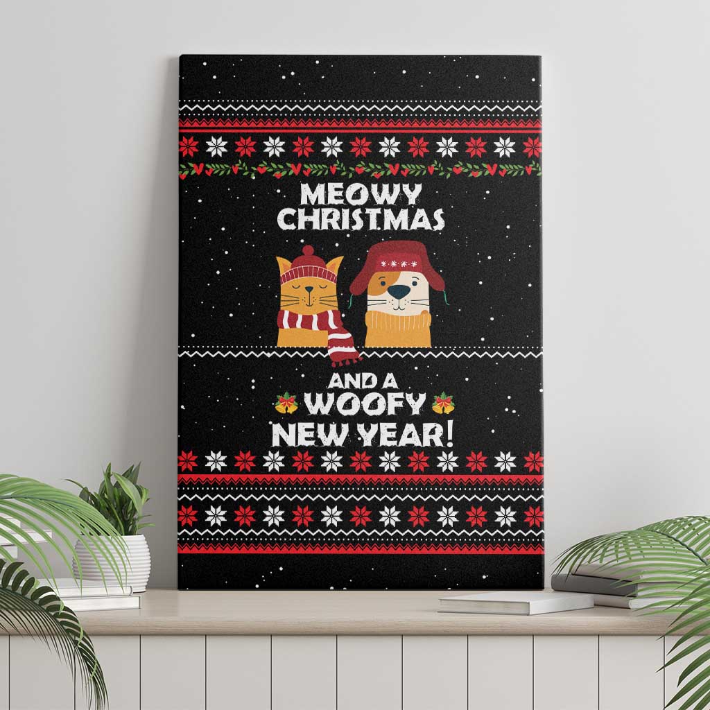 Meowy Christmas Woofy New Year Canvas Wall Art with Cat and Dog in Winter Hats and Festive Pattern Design - Wonder Print Shop